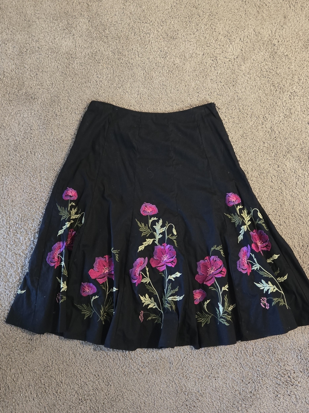 Sunny Leigh Navy Blue/black A-Line Skirt with Pink Floral Embroidery